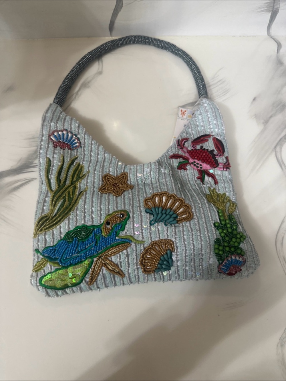 Embellished Sea-Life Beaded Shoulder Bag - Light Blue